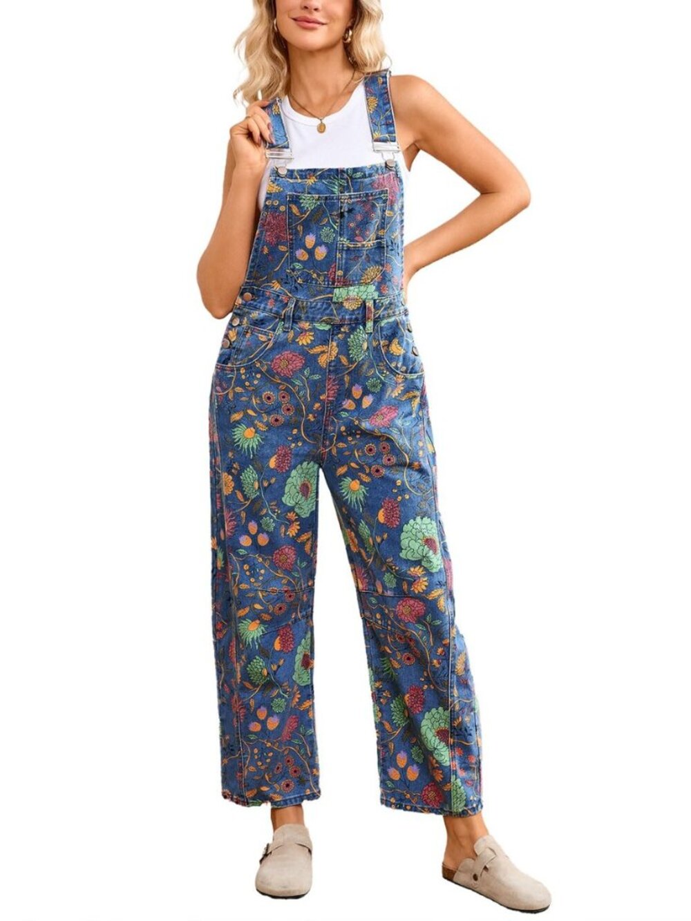 Women Floral Denim Ovrealls Barrel Leg Adjustable Strap Jean Jumpsuit